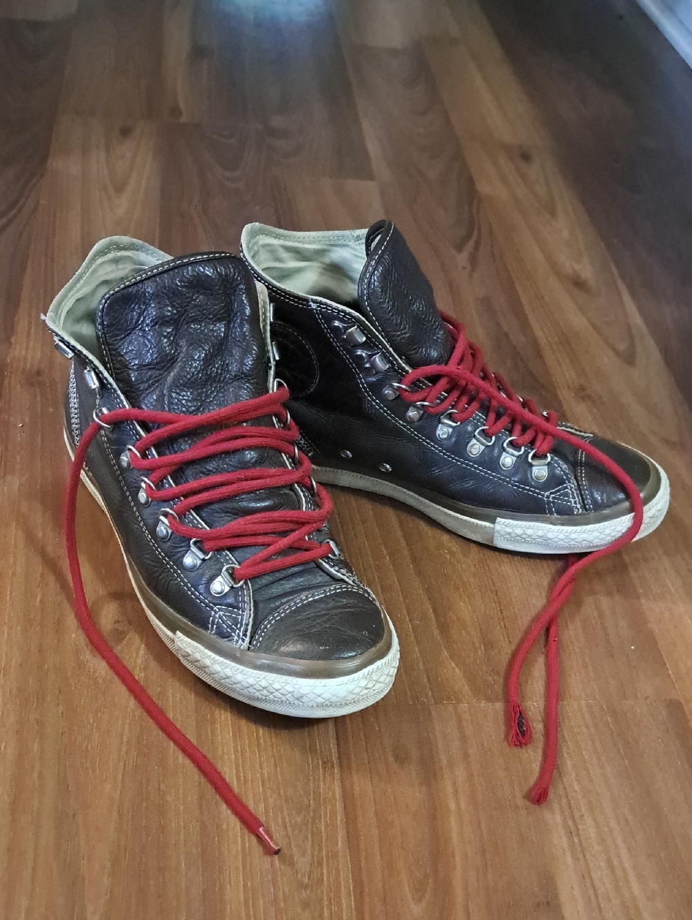 Converse All Stars Brown Leather High-Top Sneakers with Red Laces
